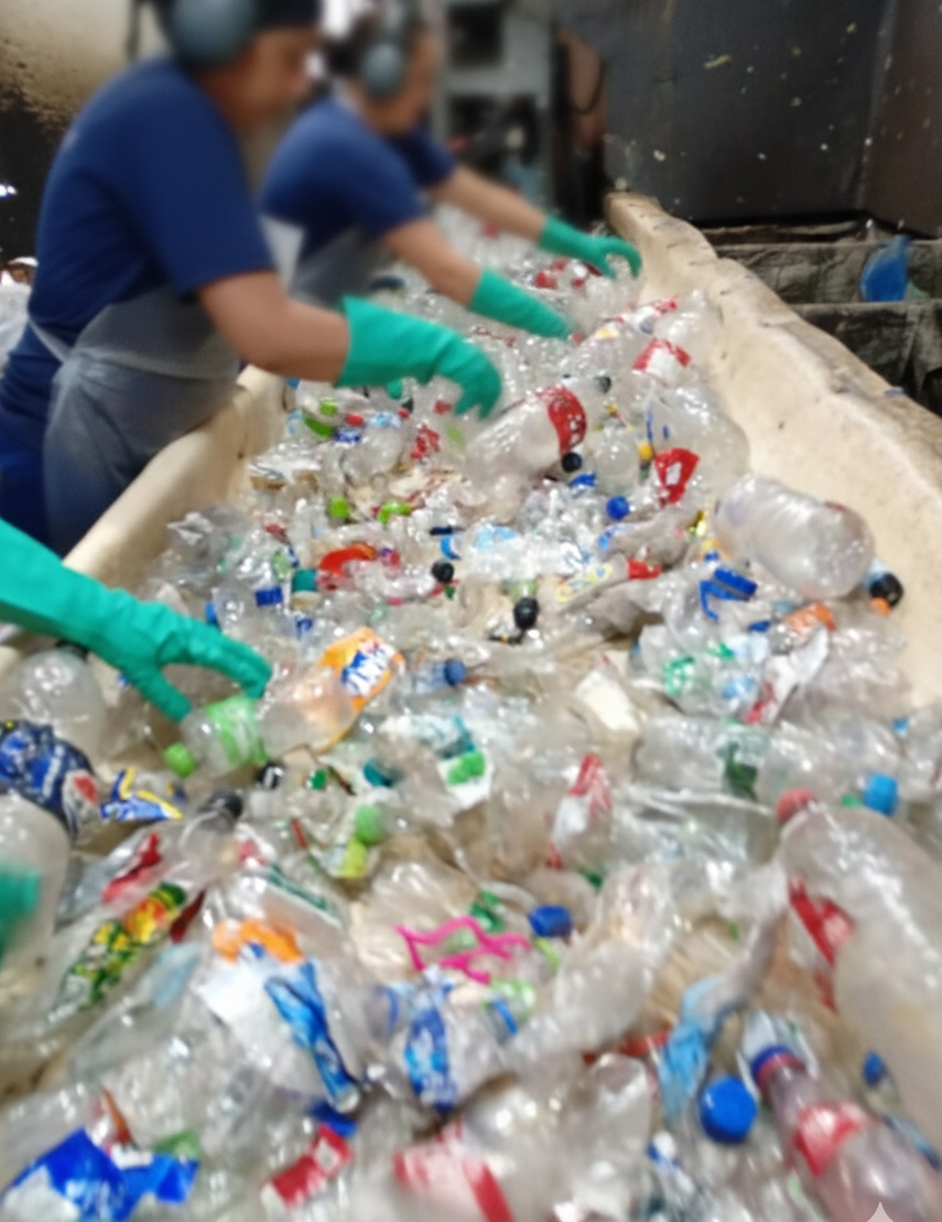 Trabalhadores realizando a triagem manual de garrafas plásticas na linha de produção